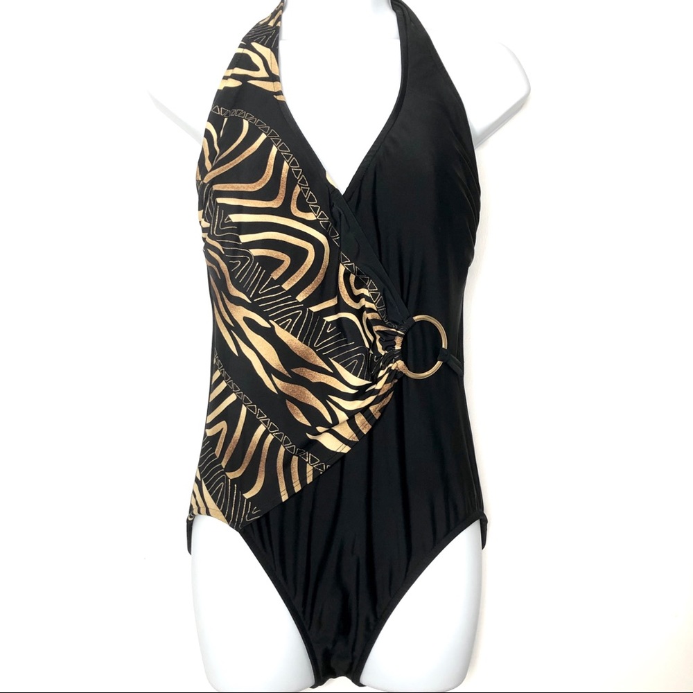 Vintage 90s Halter Swimsuit One Piece Slimming Wrap Swim Suit Hollywood Glam